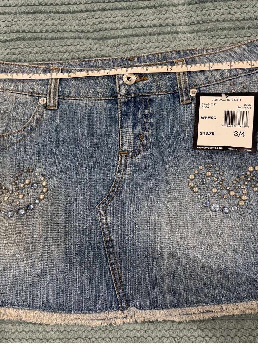 Jordache Light Blue Denim Skirt with Rhinestone Heart Accents
